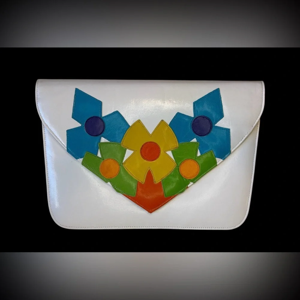 Vintage Jasmin White Leather Envelope Clutch with Multicolor Floral Appliqué